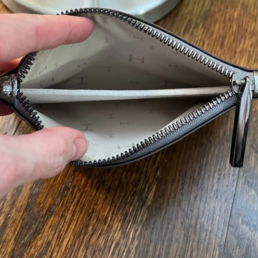 NWOT HALSTON Silver Textured Pepple Leather Zip Pouch